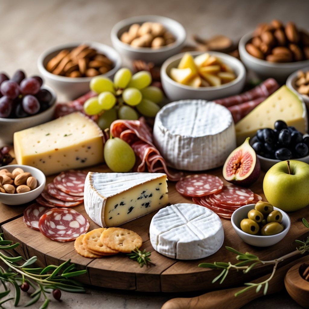 A wooden board with various cheeses, cured meats, fresh fruits, nuts, and olives arranged for a gourmet charcuterie display.