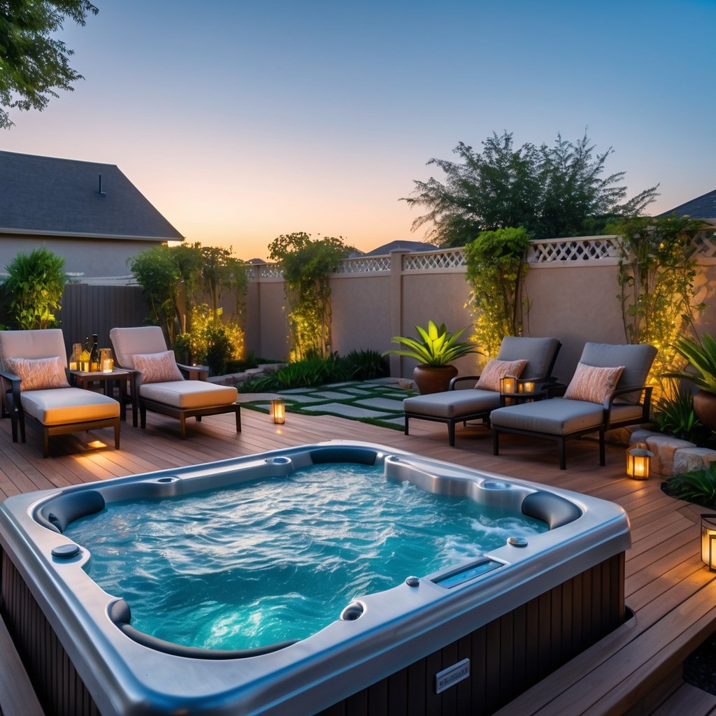 A backyard with a modern jacuzzi on a wooden deck surrounded by lounge chairs, plants, and soft lighting at sunset.