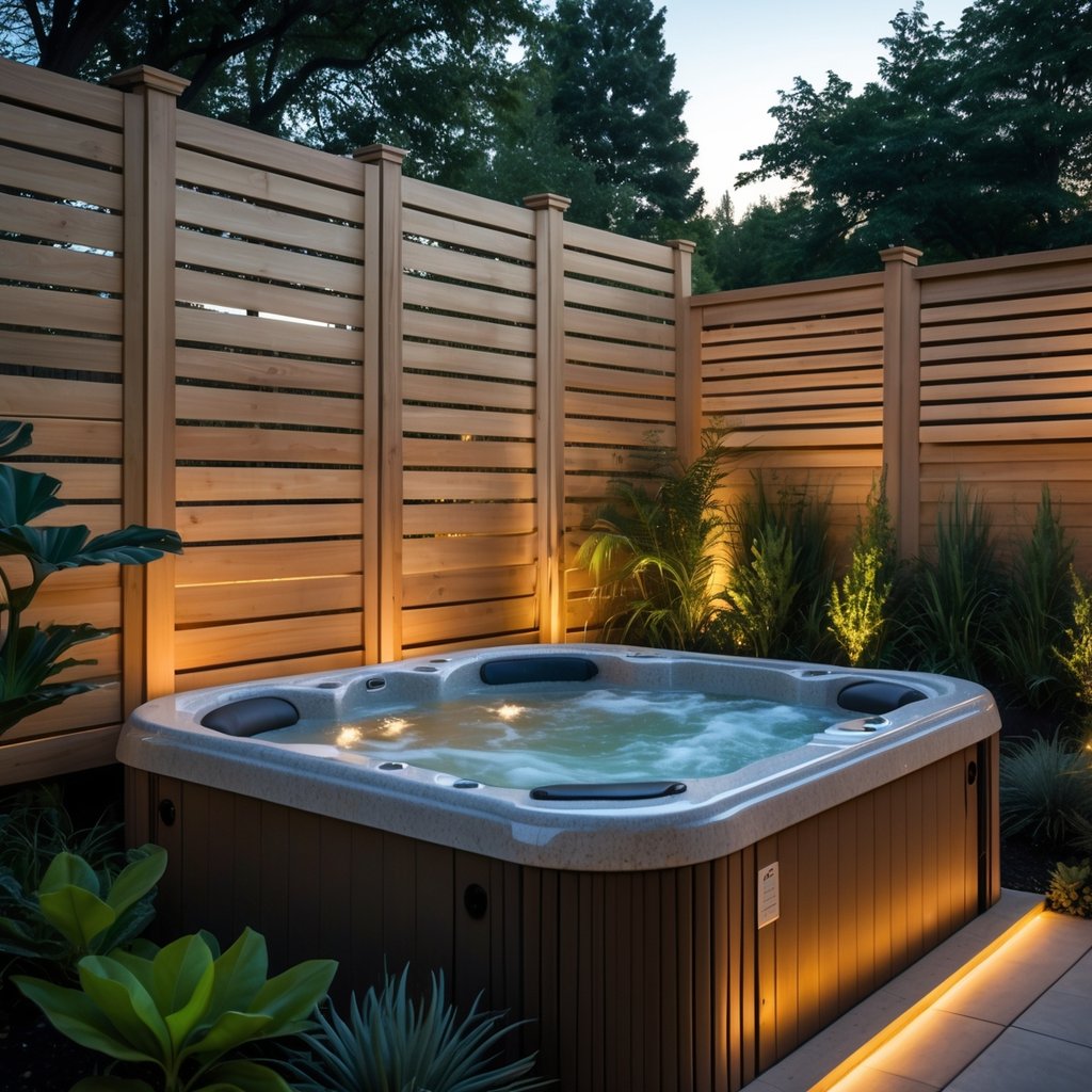 Backyard jacuzzi enclosed by tall wooden privacy fencing with plants around it.