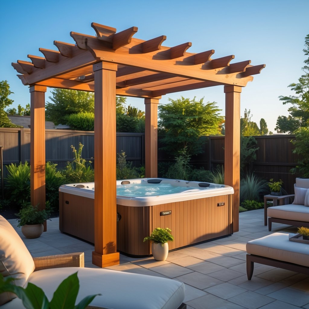 Backyard with a wooden pergola sheltering a bubbling jacuzzi surrounded by outdoor furniture and greenery.