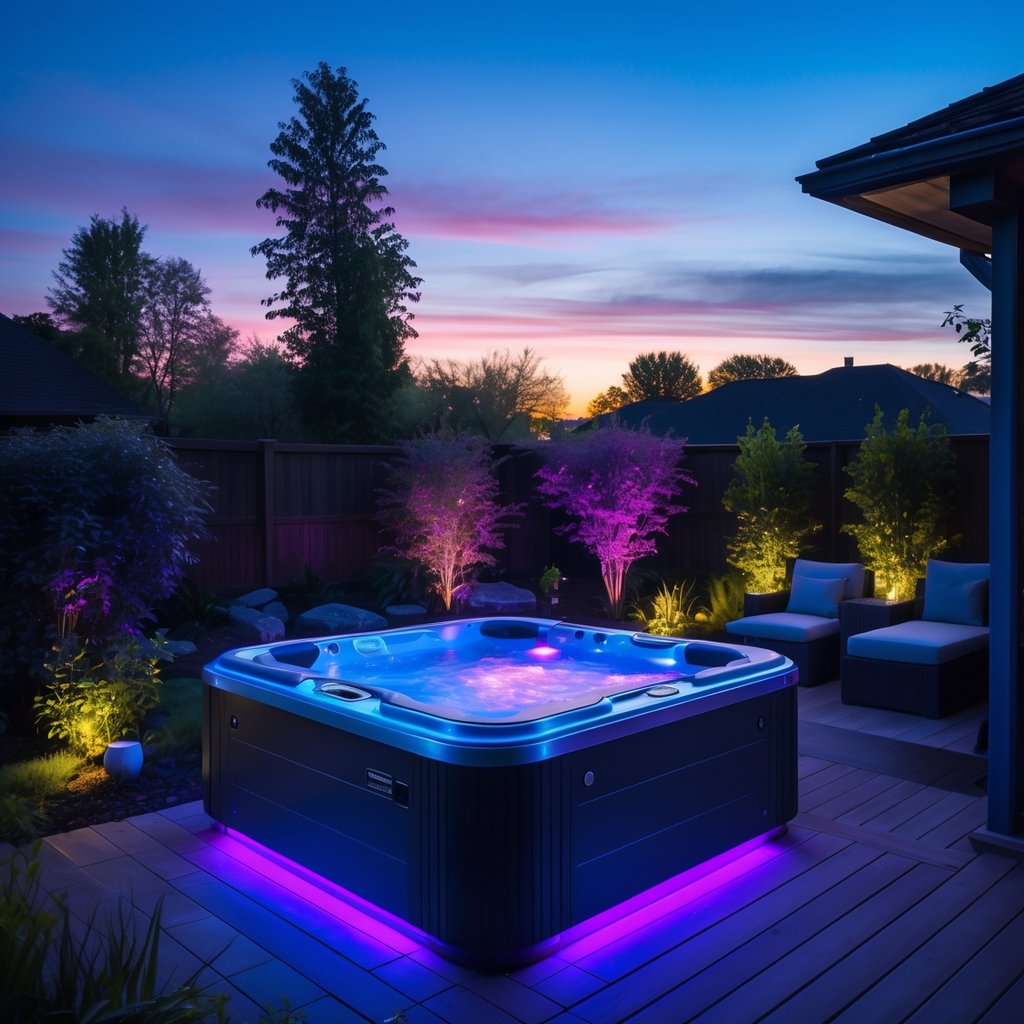A backyard jacuzzi with colorful LED lights glowing around the water and wooden deck, surrounded by plants and outdoor seating at dusk.