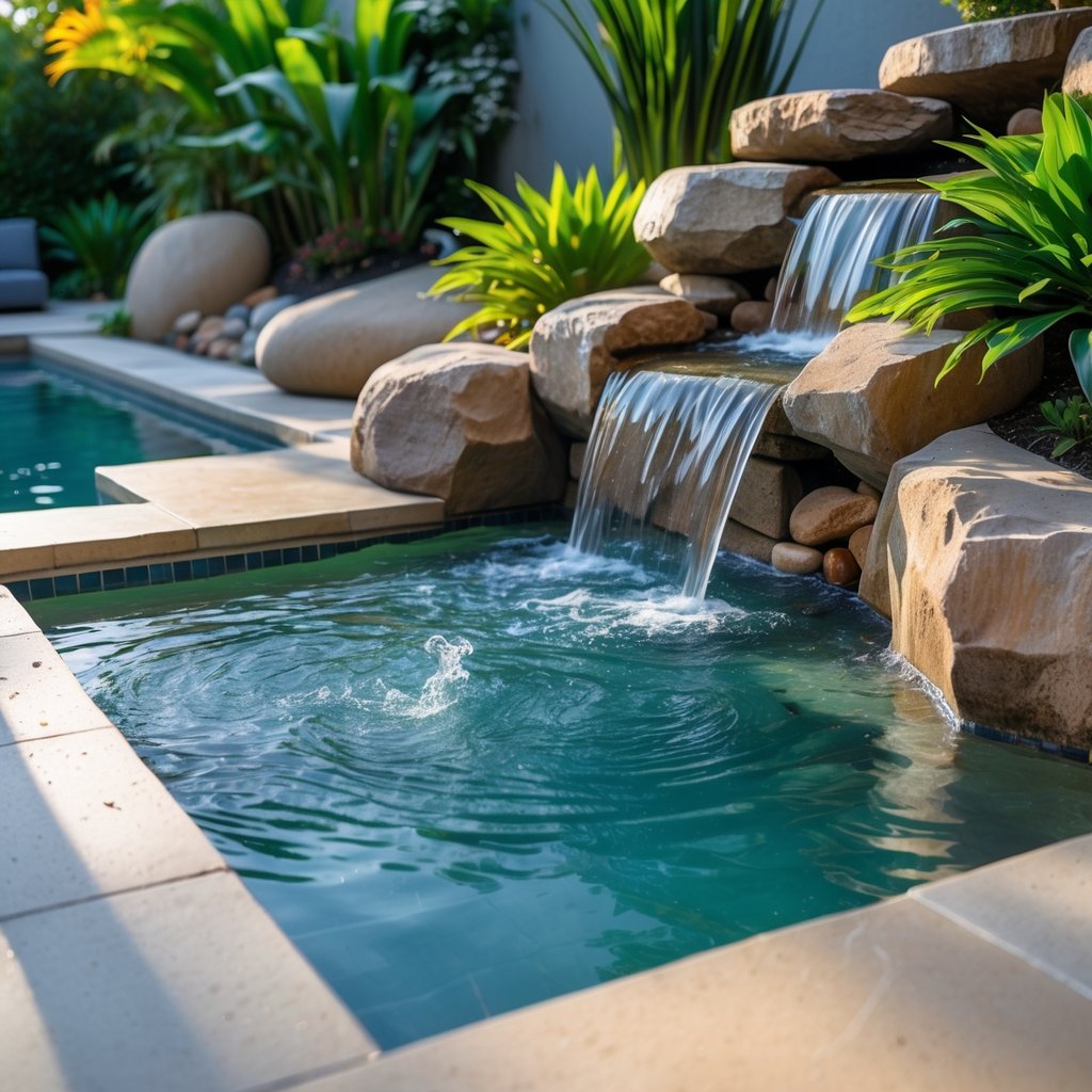Backyard jacuzzi next to a natural waterfall surrounded by plants and stones.