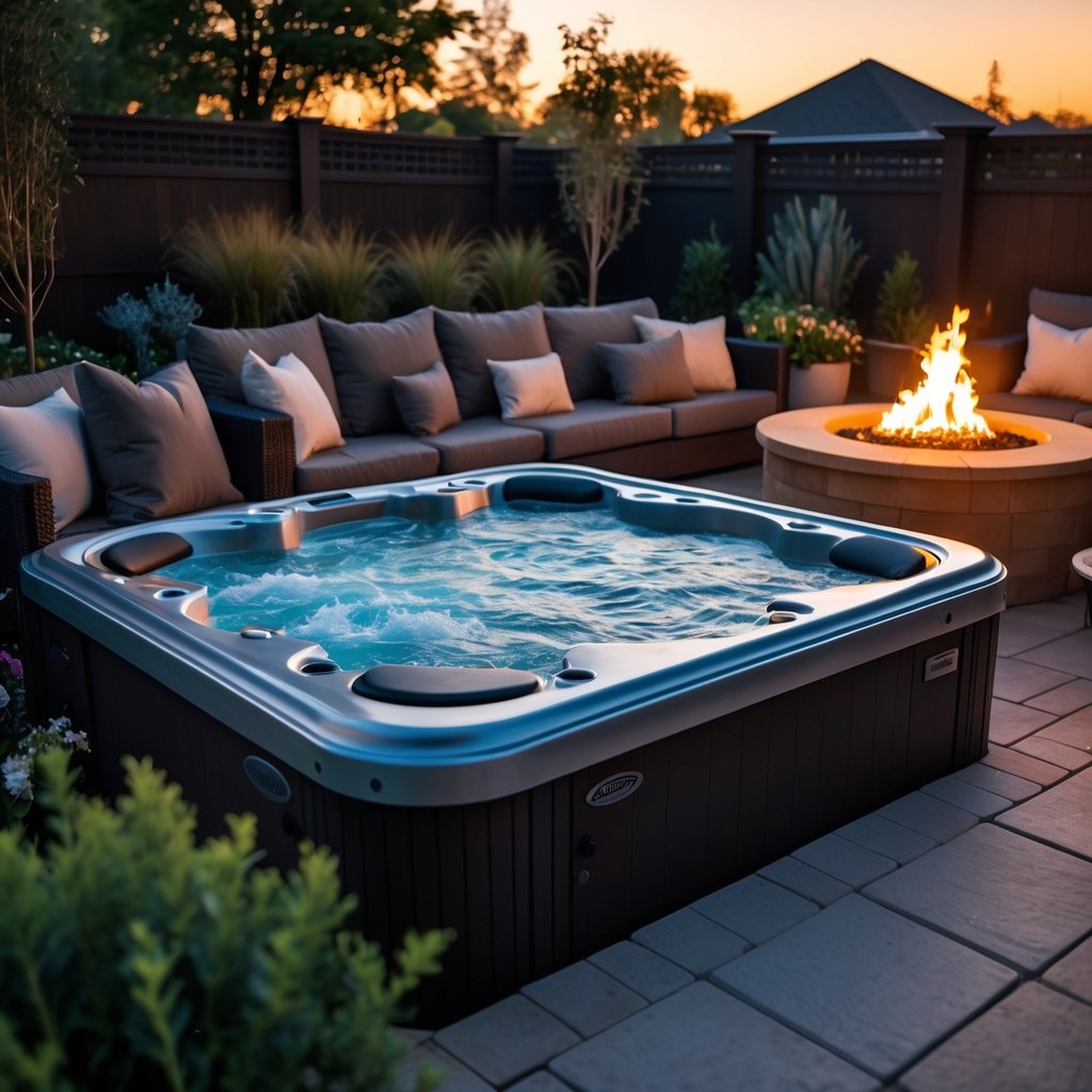 Backyard with a modern jacuzzi next to a firepit surrounded by comfortable seating and greenery.