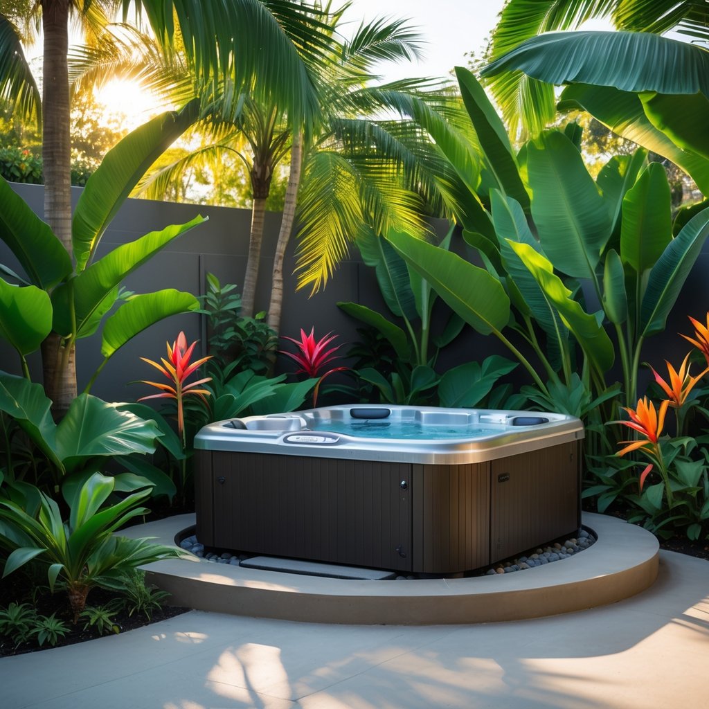 A backyard jacuzzi surrounded by tropical plants and greenery.