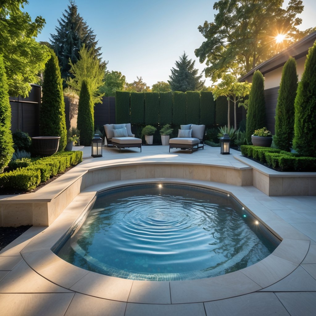 A backyard with a sunken patio featuring a modern jacuzzi surrounded by plants and outdoor seating.