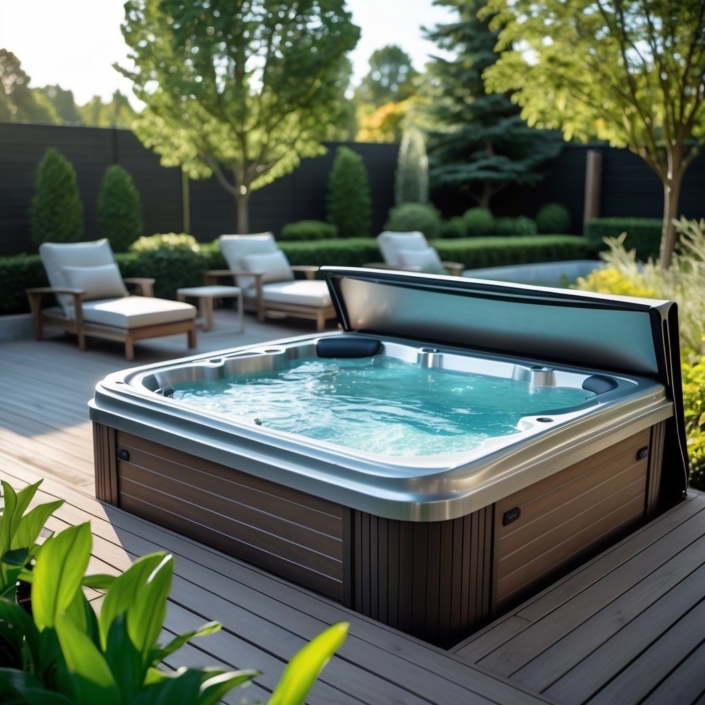 Backyard with a jacuzzi that has a partially open retractable weather cover, surrounded by a wooden deck and greenery.