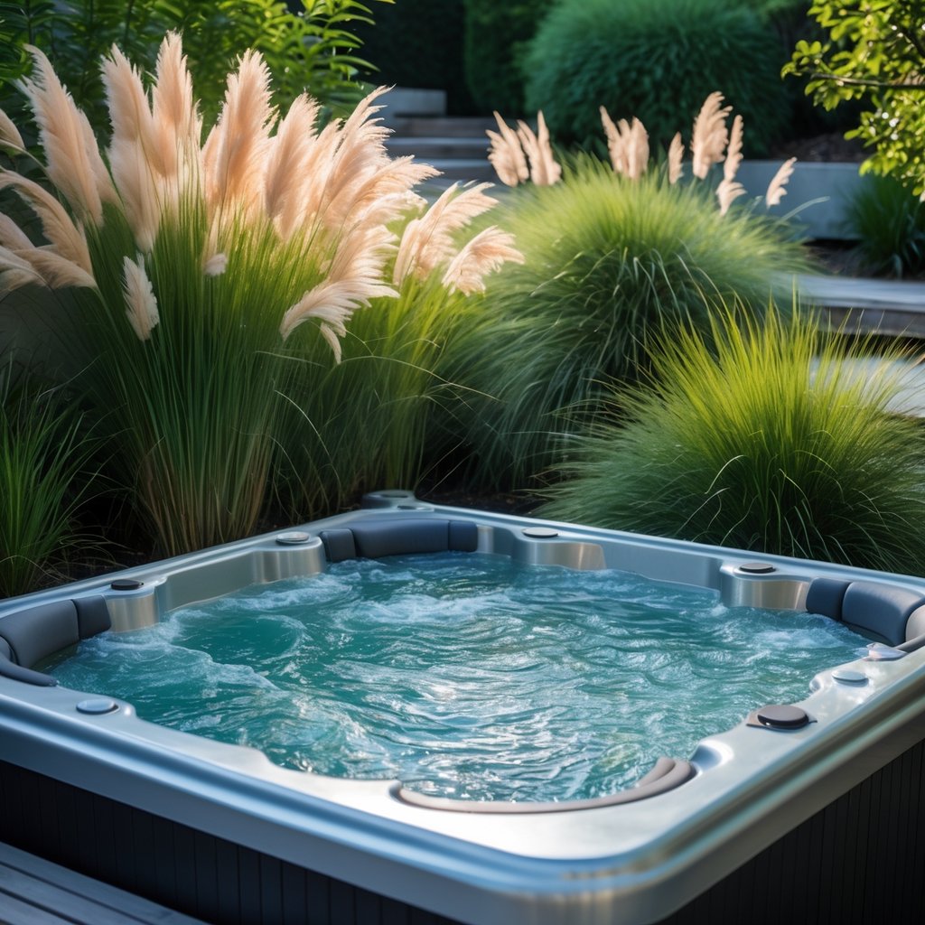 A backyard jacuzzi surrounded by tall ornamental grasses with a garden in the background.