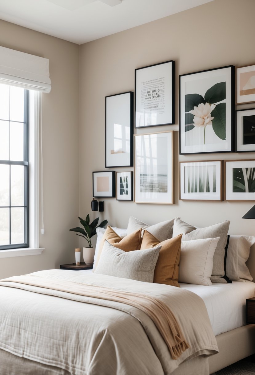 A bedroom with a neatly made bed and a gallery wall of framed pictures arranged above it.