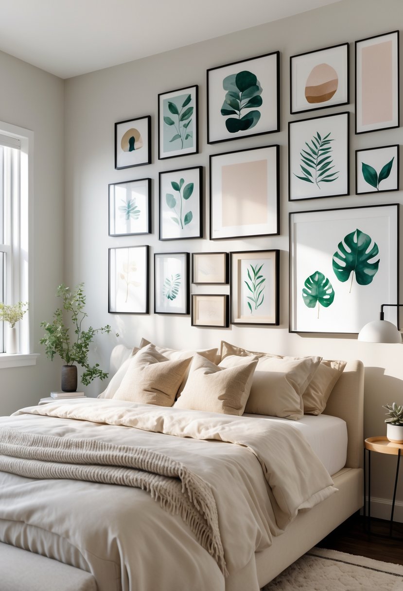 A bedroom with a bed against a wall decorated with a variety of framed pictures arranged in a gallery wall layout.