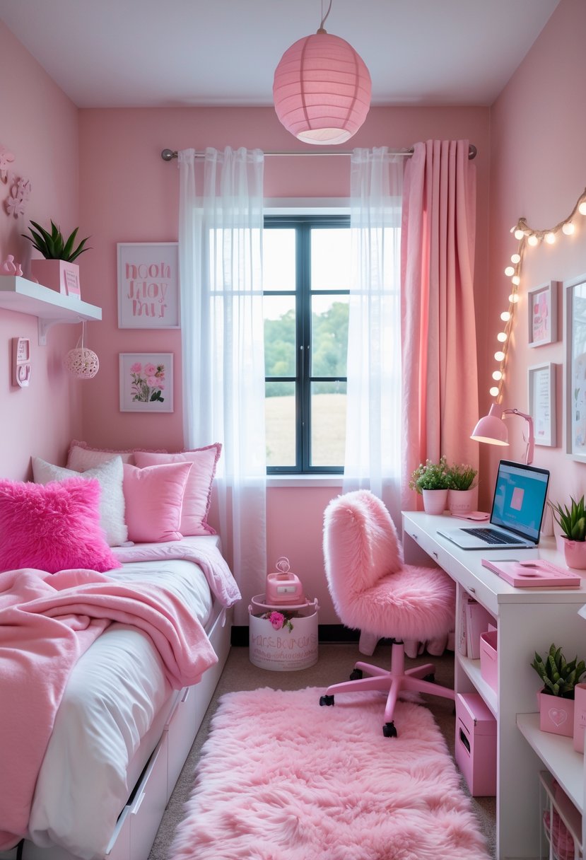 A girl’s dorm room with pink walls, a bed with pink and white bedding, a white desk with a lamp and laptop, string lights, plants, and decorative shelves.