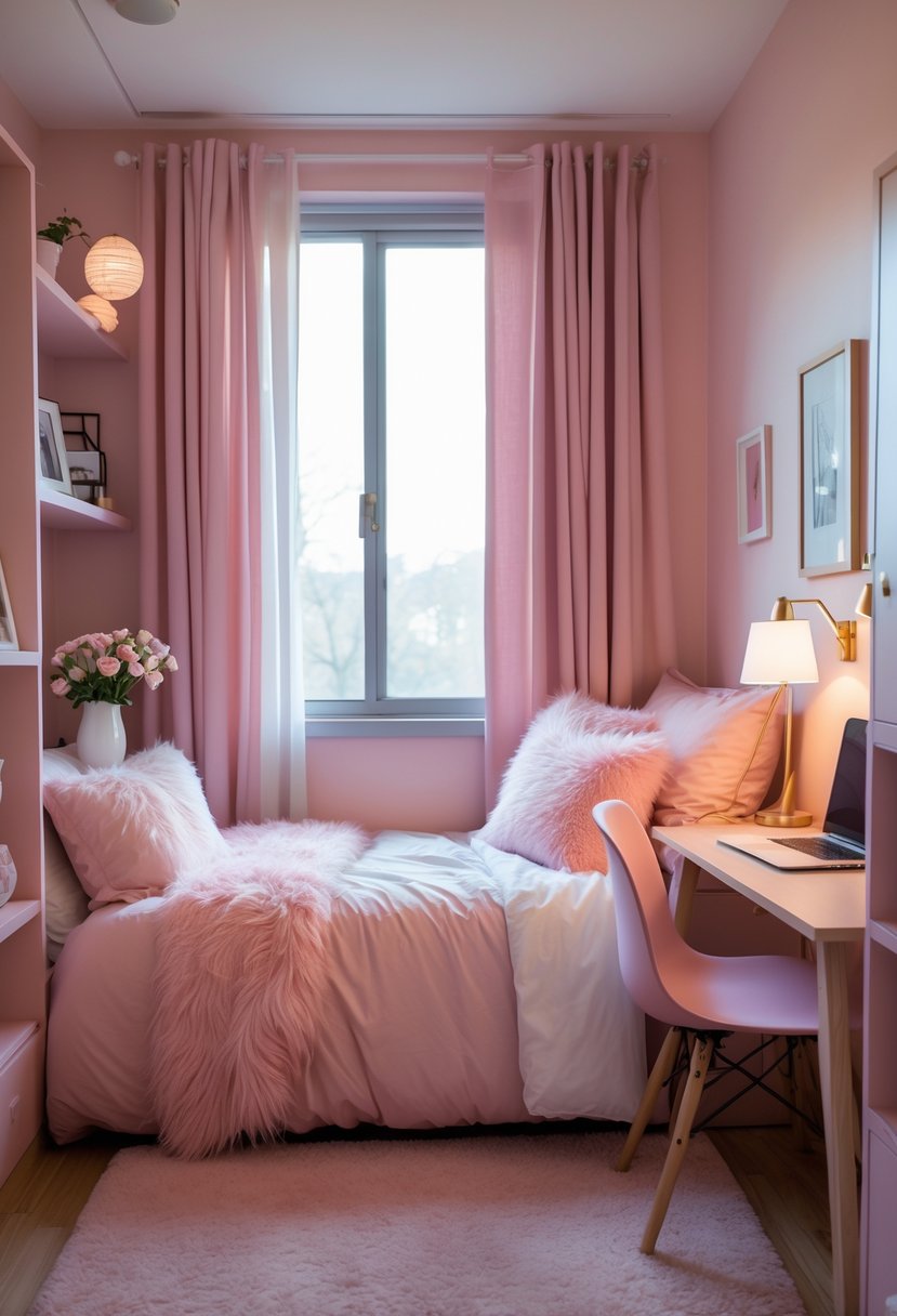 A cozy girl dorm room with soft pink walls, a bed with pink bedding, a desk with flowers and a laptop, and natural light coming through a window.