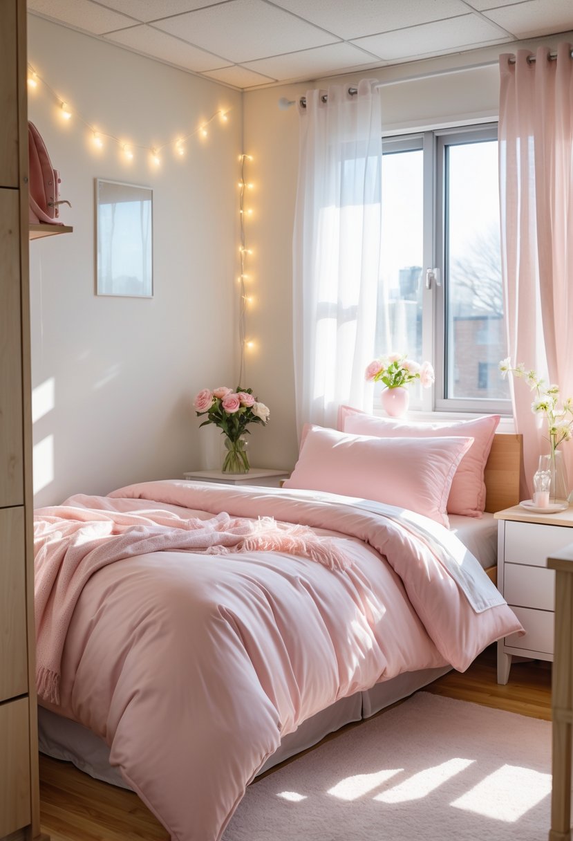 A girl dorm room with a bed made up in pastel pink bedding, a bedside table with flowers, and sunlight coming through a window.