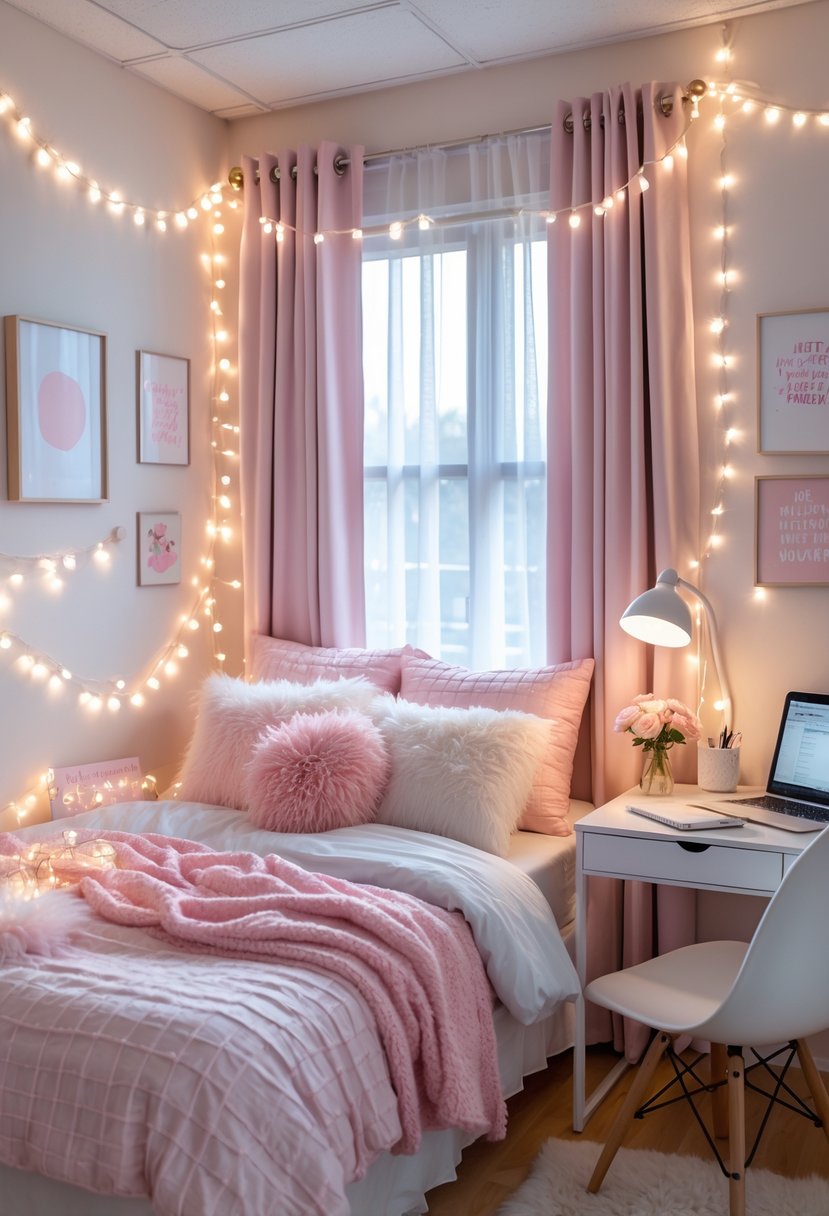 A girl’s dorm room decorated with pink and white string lights, a bed with pink and white bedding, a desk with a laptop, and natural light coming through a window.