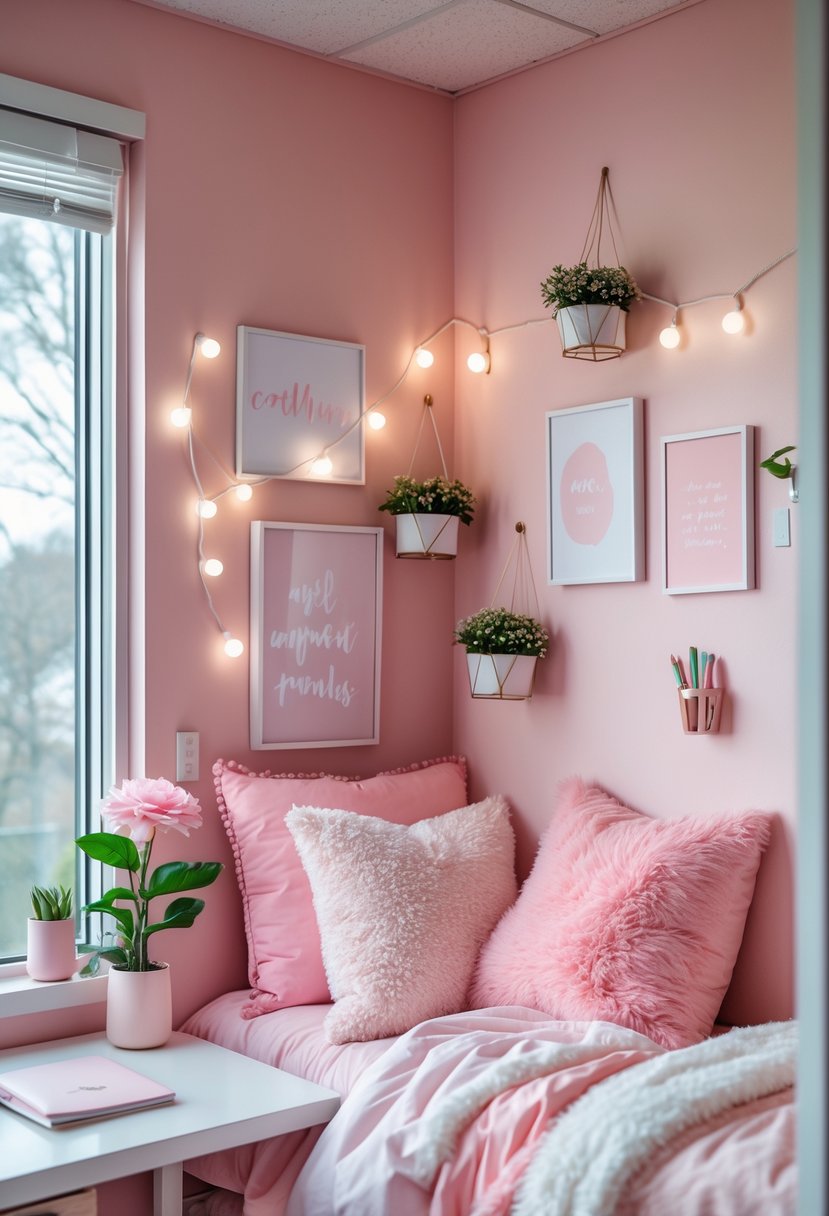 A cozy dorm room corner with pink walls decorated with framed art, fairy lights, and hanging plants, featuring a bed with pink bedding and a white desk with flowers.