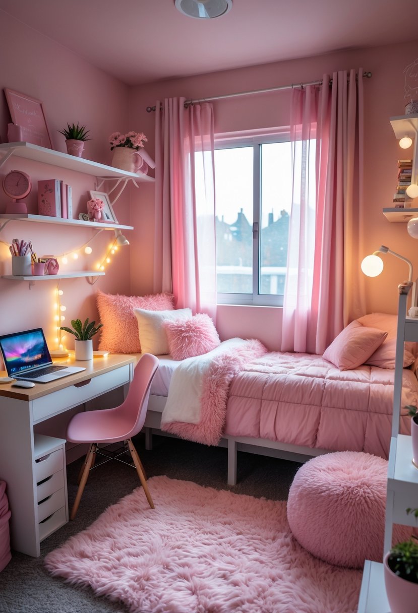 A small dorm room with pink walls, a bed with pink bedding, a desk with a laptop and plants, shelves with books and decorations, and soft lighting.