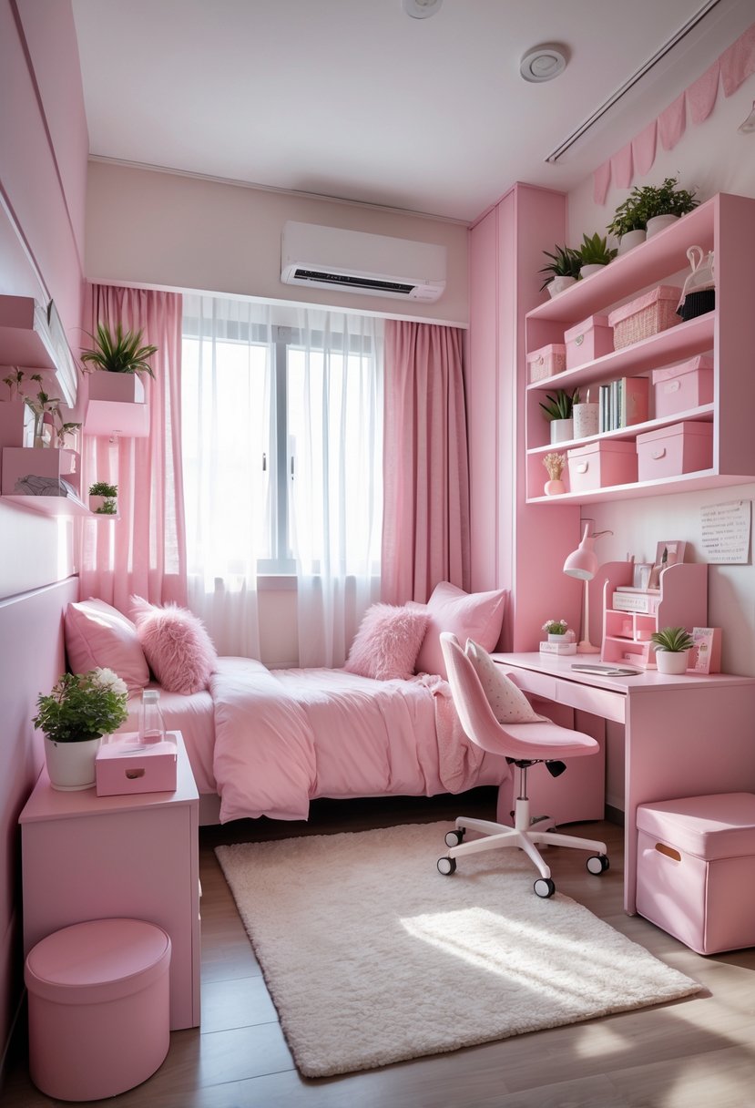 A girl dorm room with pink bedding, a desk with organized supplies, shelves with decorative items, and natural light coming through a window.
