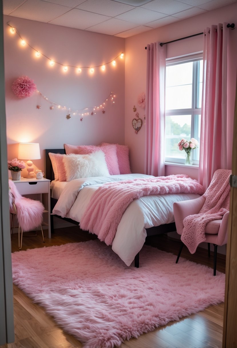 A cozy dorm room with a pink-themed bed, soft pillows, a fluffy blanket, a small table with a lamp and flowers, and a chair near a window with sheer curtains.