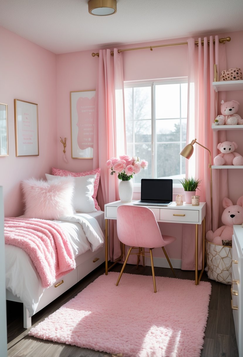 A bright dorm room with a neatly made bed, a desk with a laptop and flowers, and soft pink decorations.