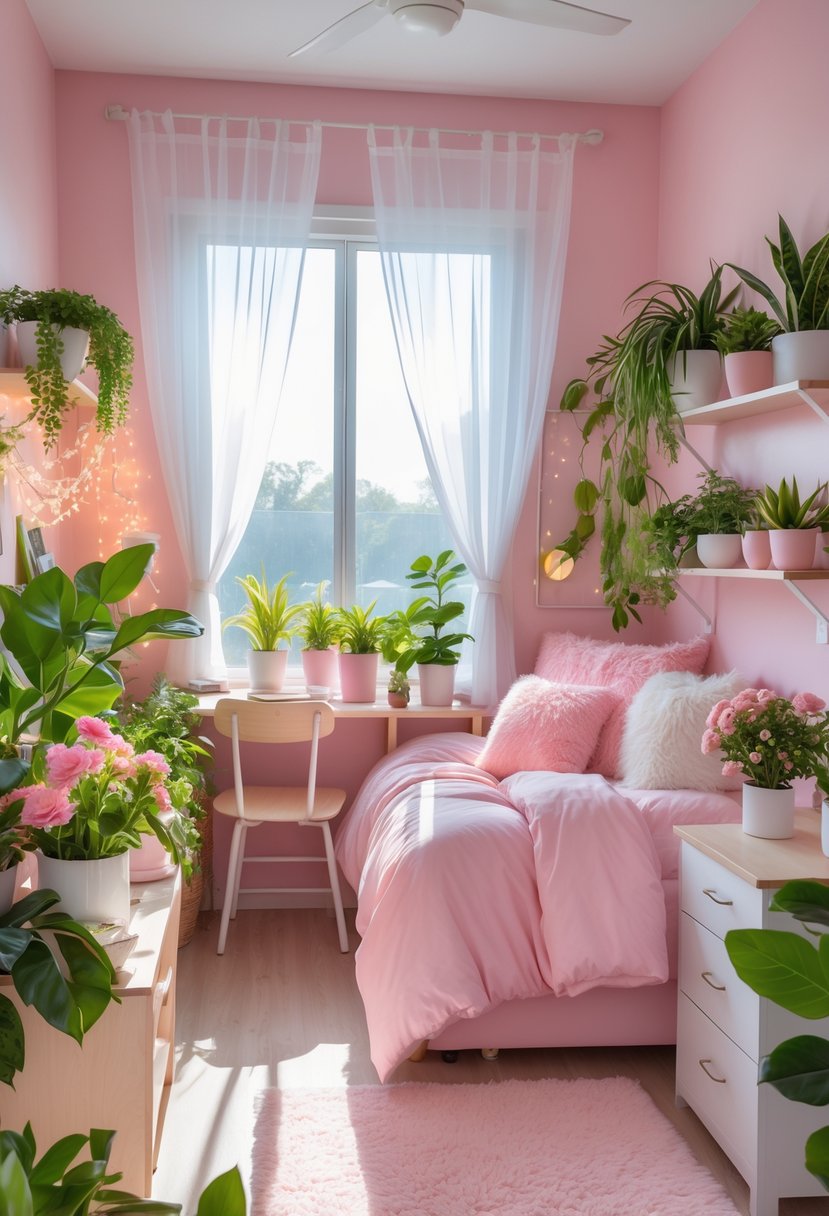 A girl dorm room with pink walls and bedding, decorated with green plants and colorful flowers on shelves and a desk, illuminated by natural sunlight through a window.