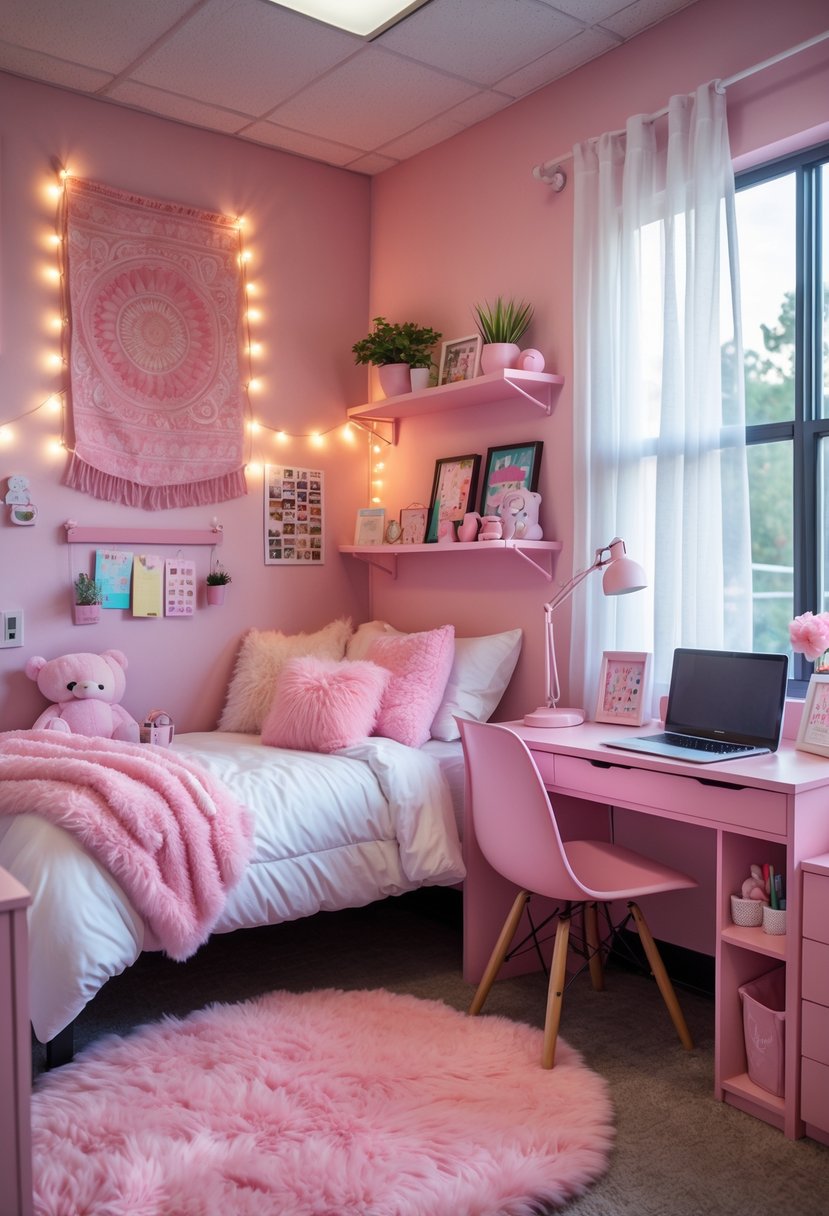 A girl dorm room decorated with pink walls, a cozy bed, desk with laptop, shelves with plants and photos, and soft natural light coming through a window.