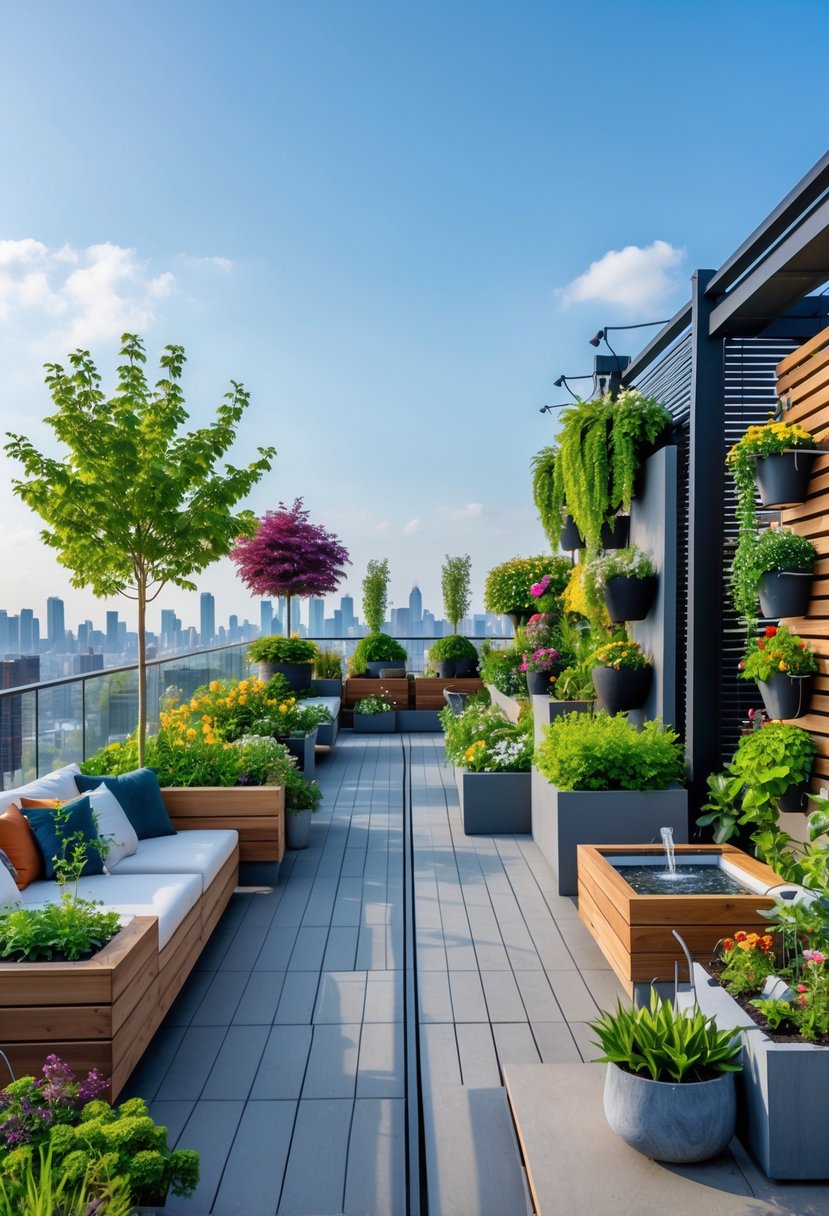 A rooftop terrace filled with various plants, flowers, seating areas, and garden decorations overlooking a city skyline.