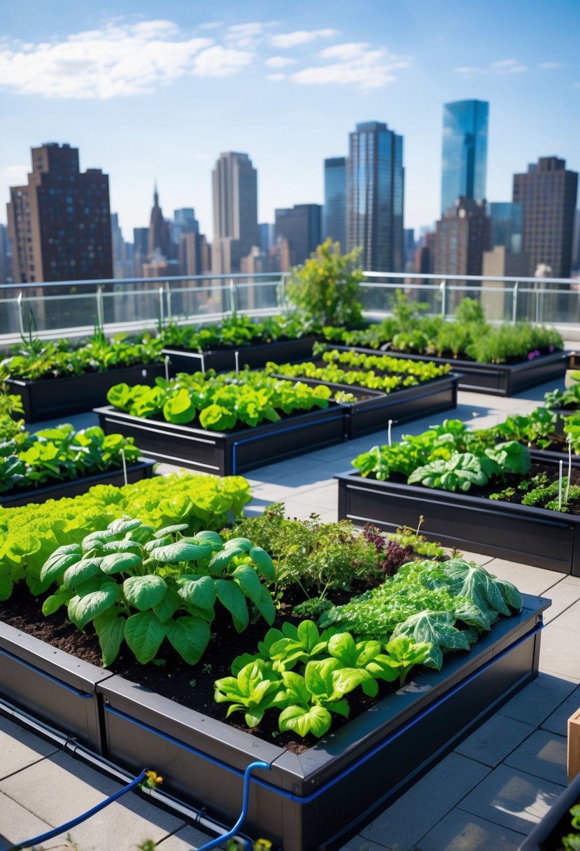 Rooftop terrace with raised garden beds growing plants and vegetables, equipped with drip irrigation tubes.