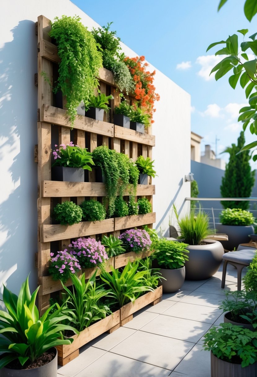 A vertical wooden pallet planter filled with green and flowering plants on a terrace garden with outdoor furniture and urban background.