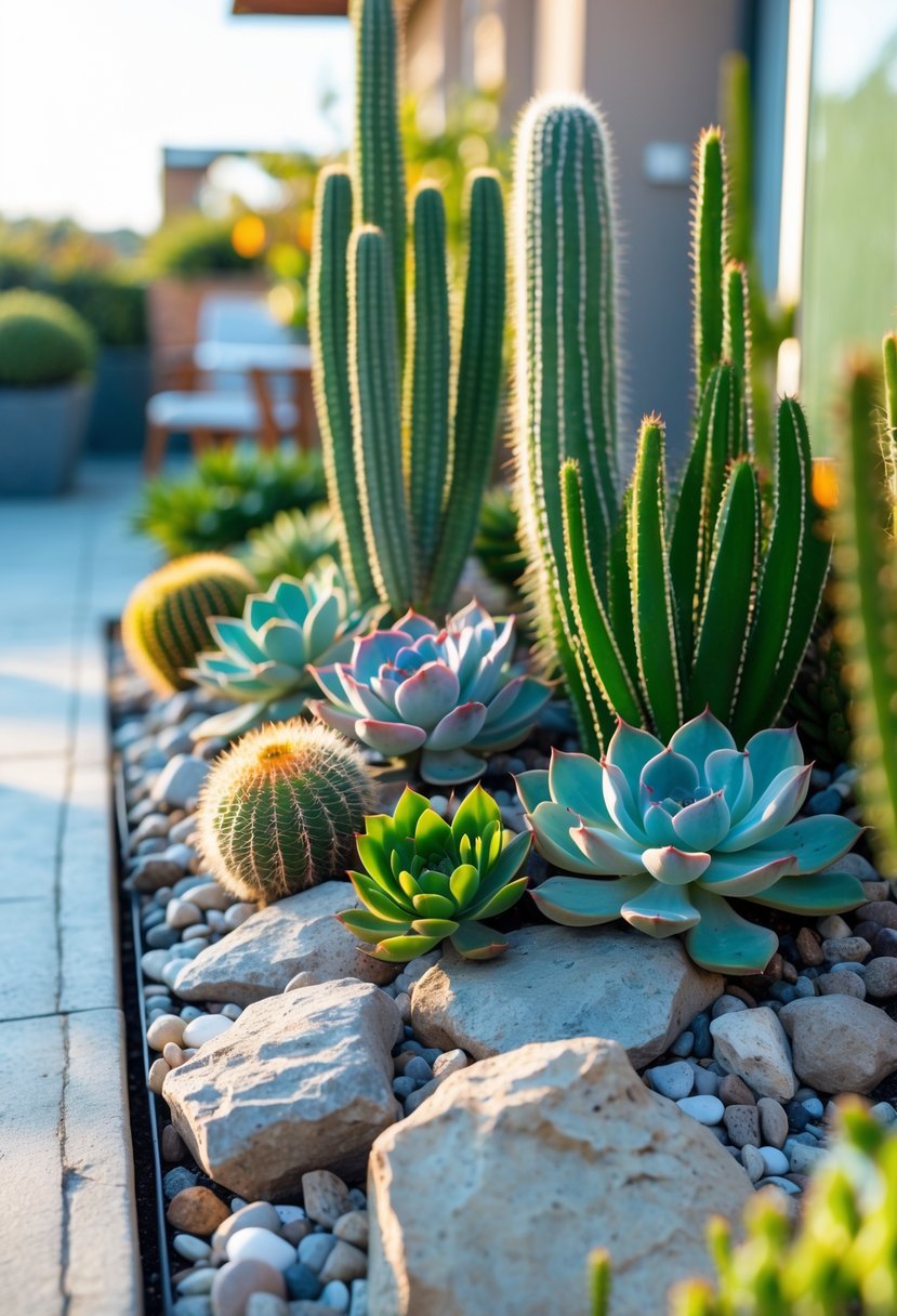 A terrace garden with various succulents and cacti planted among rocks and pebbles.