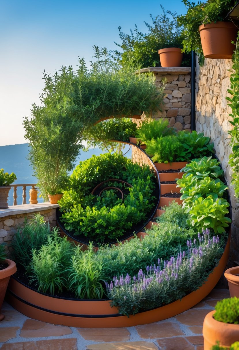 A sunlit terrace garden with a spiral-shaped herb bed filled with Mediterranean herbs like rosemary, thyme, and basil.