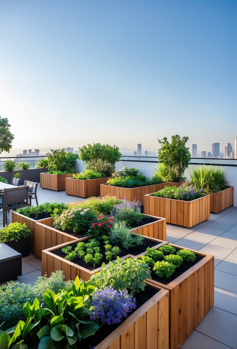 Terrace garden with wooden planter boxes filled with green plants and flowers, outdoor furniture, and an urban skyline in the background.
