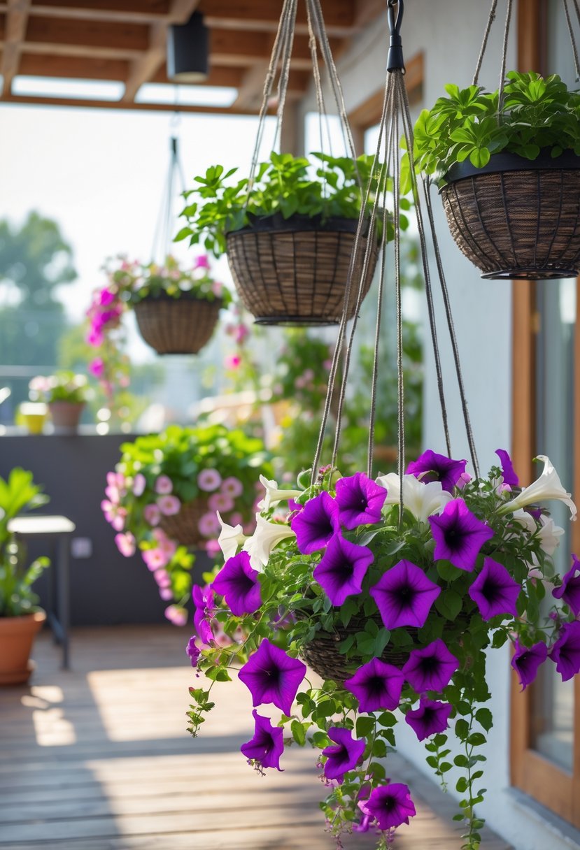 Hanging baskets with trailing colorful petunias on a sunlit terrace garden.