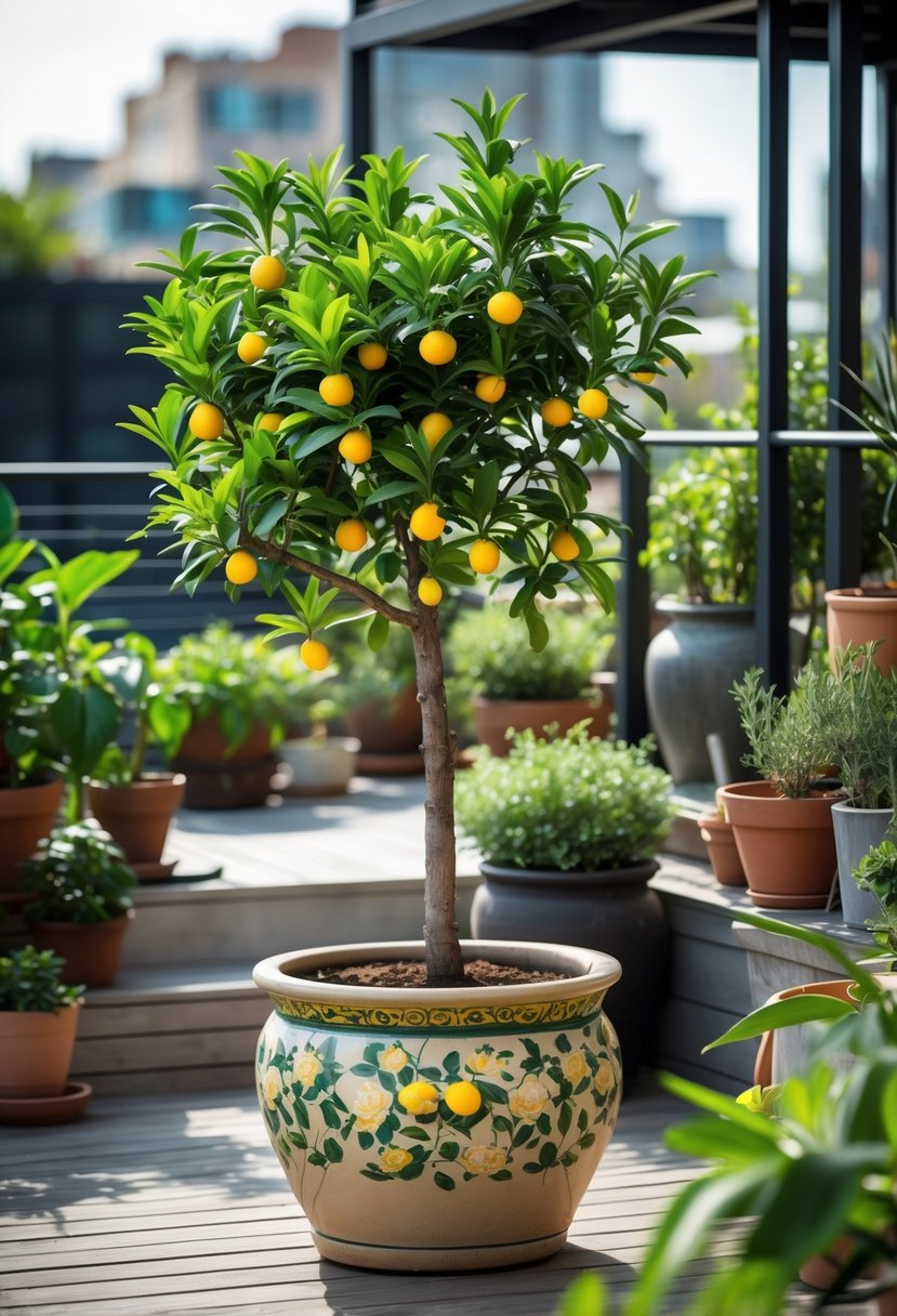 Mini citrus tree in a large container on a terrace garden with other potted plants and outdoor decor.