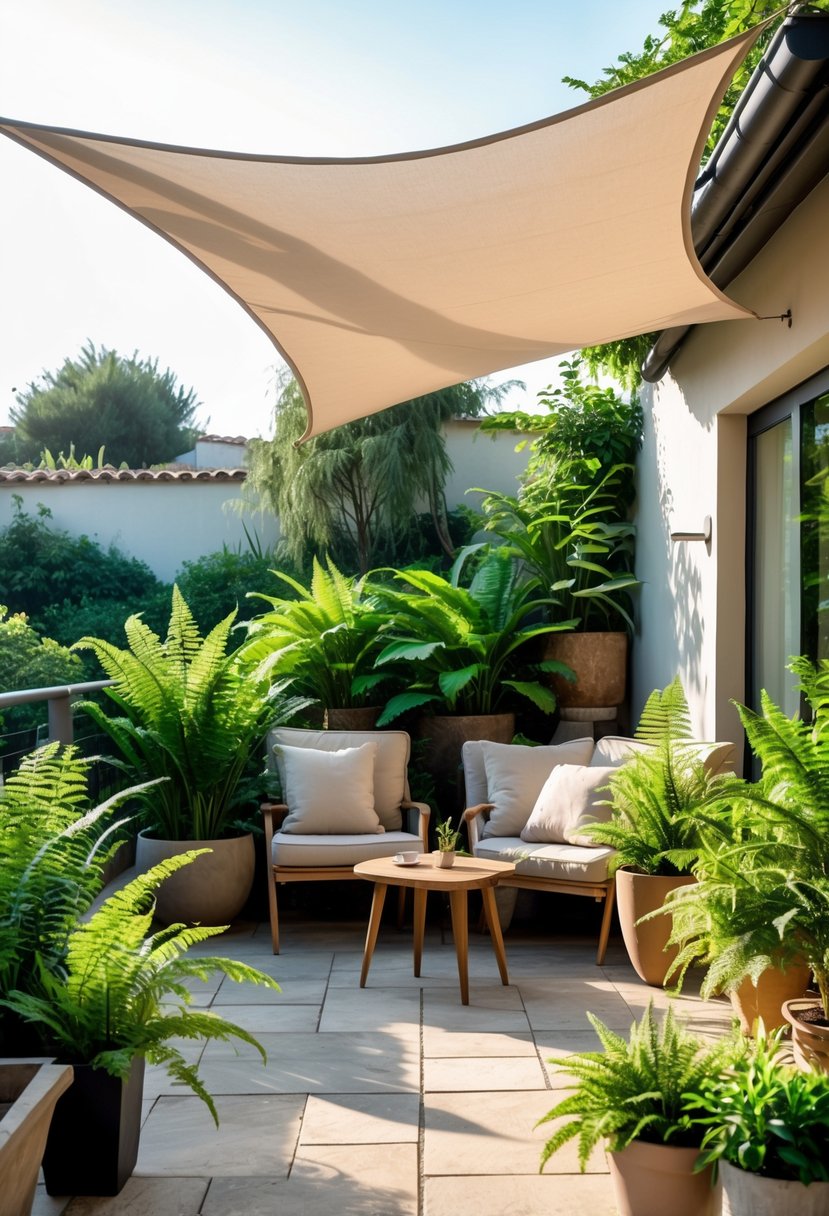 A shaded outdoor seating nook with cushioned chairs and potted ferns on a terrace garden.