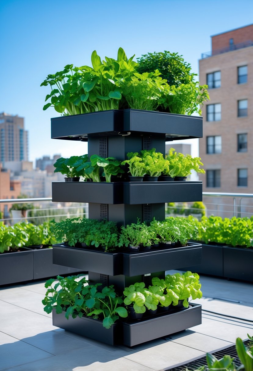 A vertical hydroponic tower system with green plants growing on a modern terrace garden under natural sunlight.
