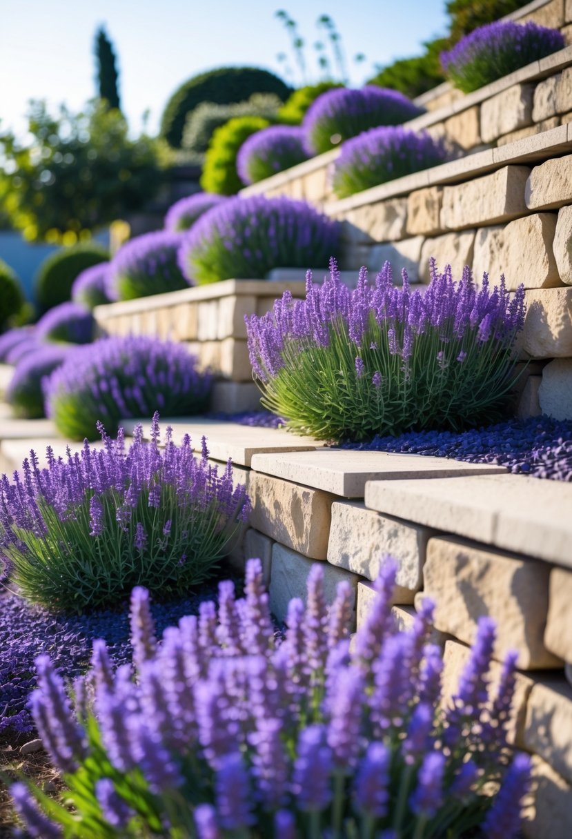 Terraced stone retaining beds filled with blooming lavender plants in a garden.