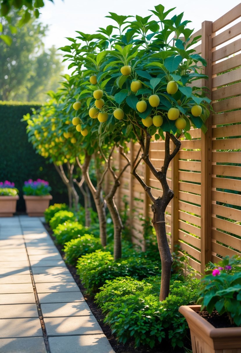 A row of espaliered fruit trees growing against a trellis in a terrace garden with paving and plants.