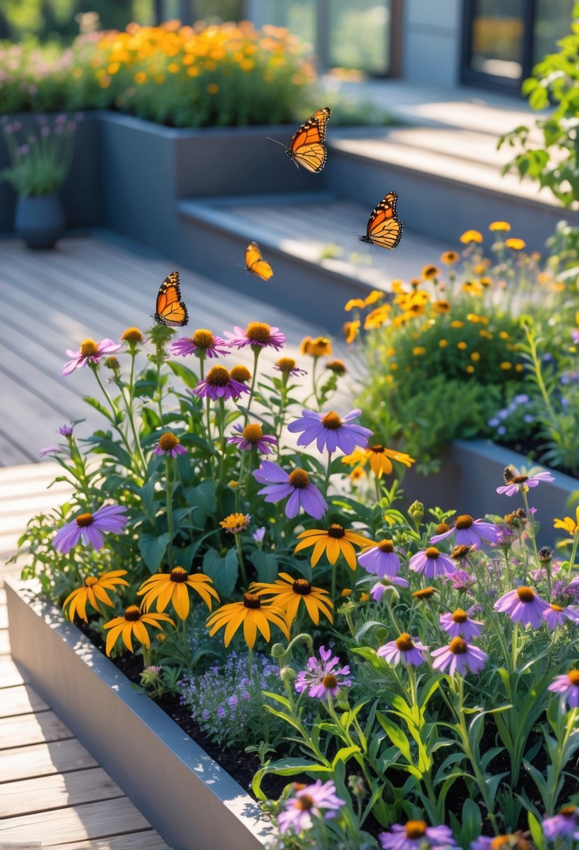 A terrace garden patch filled with colorful native wildflowers and butterflies flying above them.