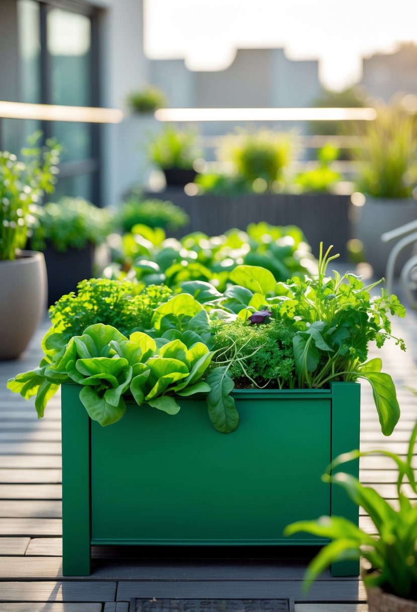 A planter box on a terrace filled with fresh salad greens and surrounded by other plants in an outdoor garden setting.