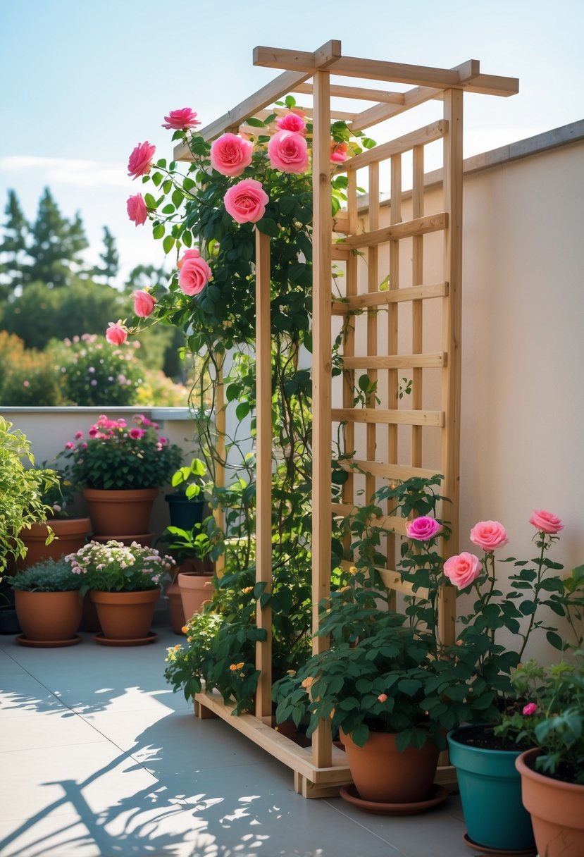 A terrace garden with a wooden trellis supporting blooming climbing roses surrounded by potted plants and flowers.