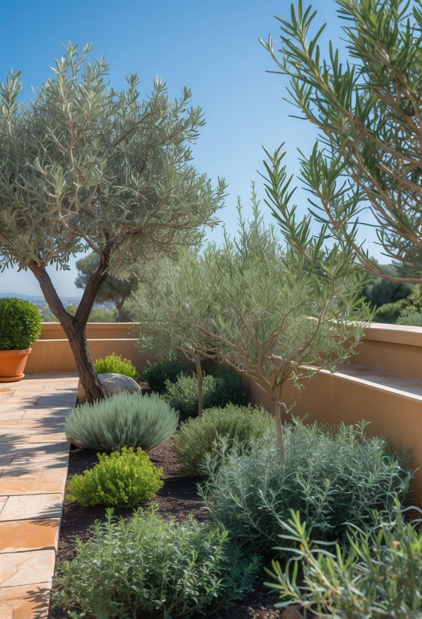 A terrace garden bed with olive trees, rosemary, and thyme plants growing in stone tiles under bright sunlight.