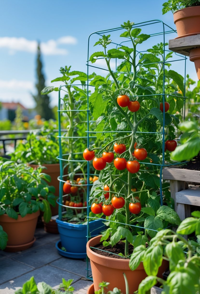A terrace garden with containers growing cherry tomato plants supported by wire cages along with other vegetables and herbs.