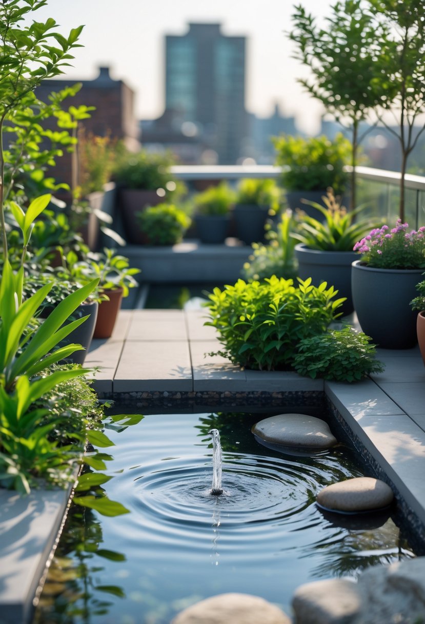 Small recirculating pond surrounded by plants and flowers on a terrace garden with a cityscape in the background.