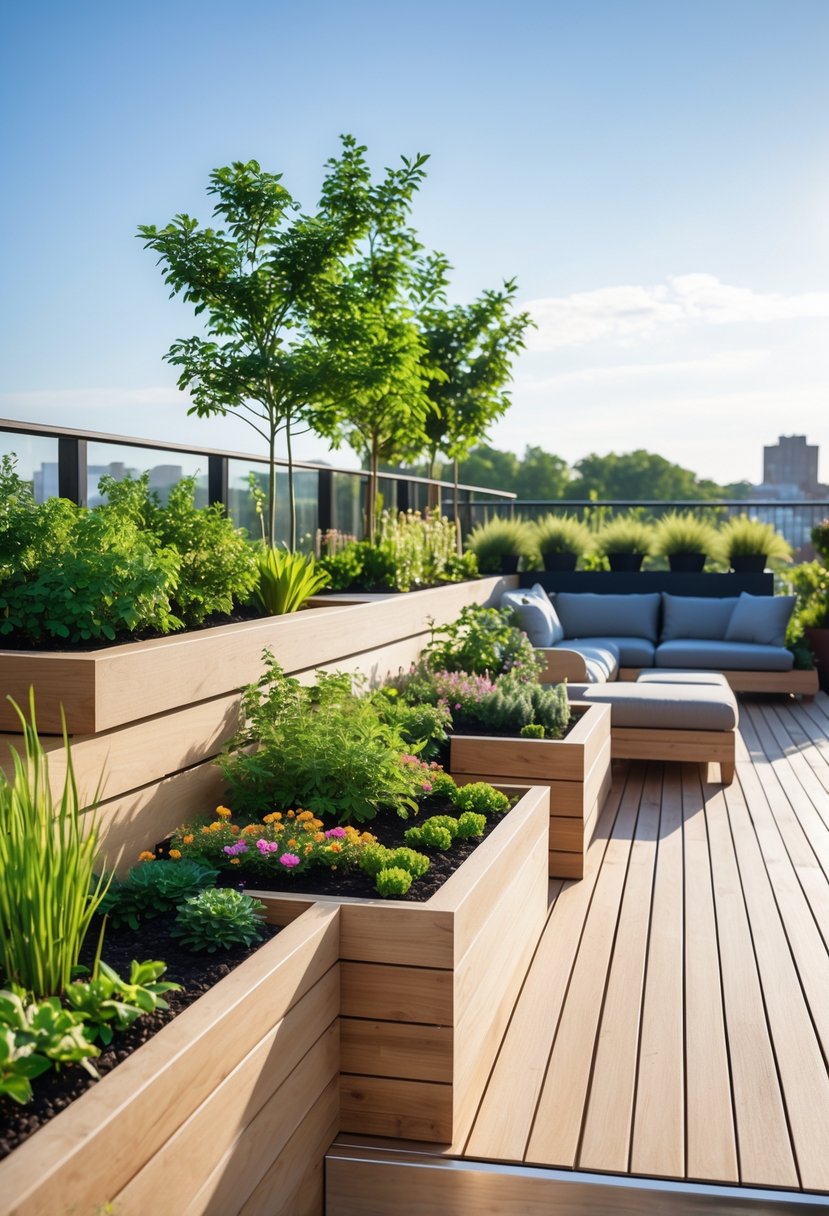 A modern wooden deck with built-in planters filled with green plants and flowers, featuring outdoor seating and a clear sky in the background.