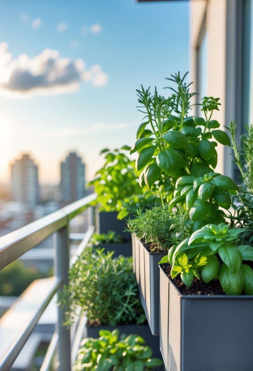 A balcony railing with several planters containing fresh green herbs on a terrace with a city skyline in the background.