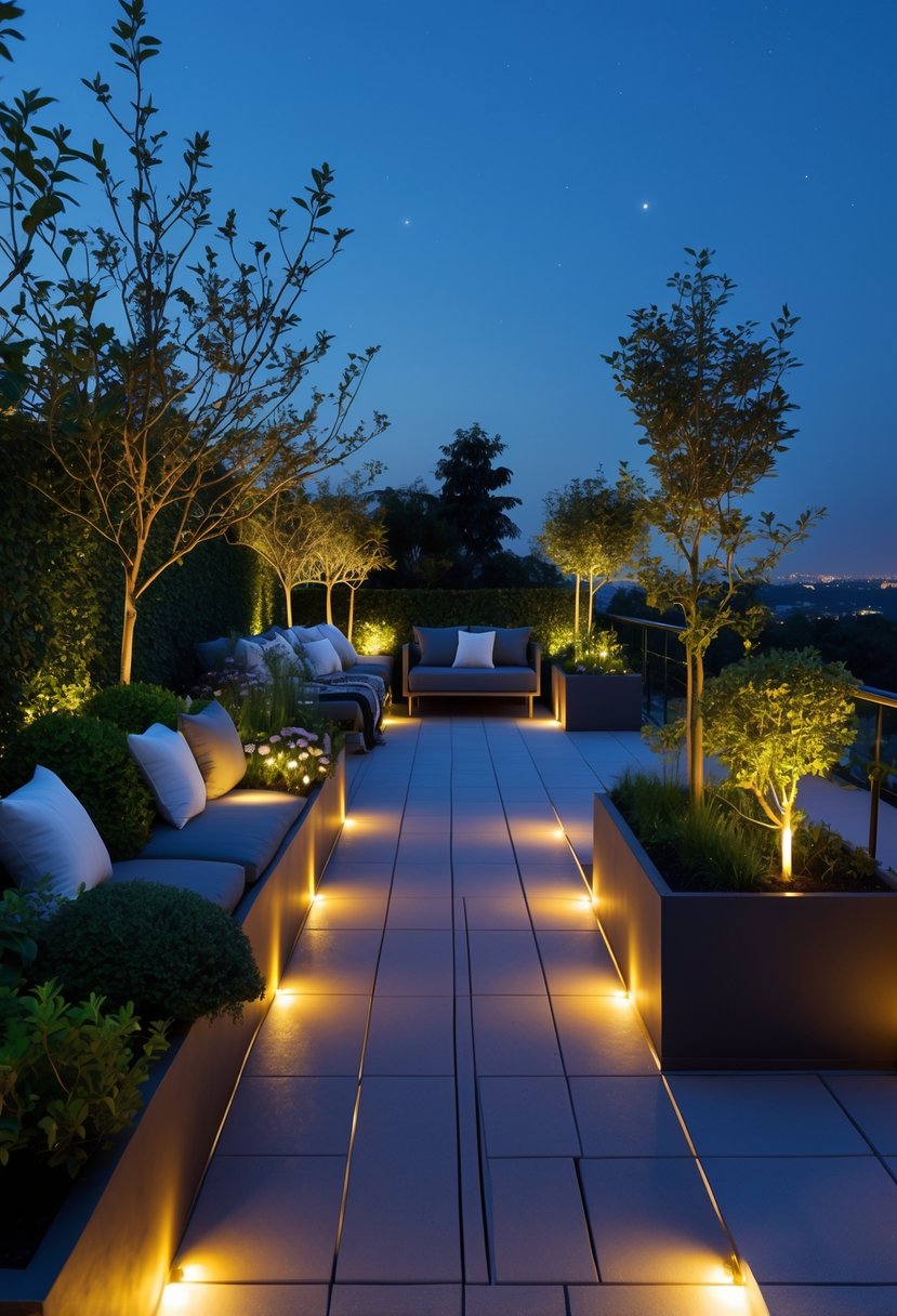 Terrace garden at night with solar path lights illuminating plants and garden paths.