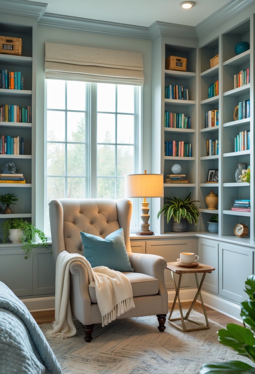 A cozy reading nook in a master bedroom with an armchair, bookshelves, a side table with a lamp, and natural light from a window.