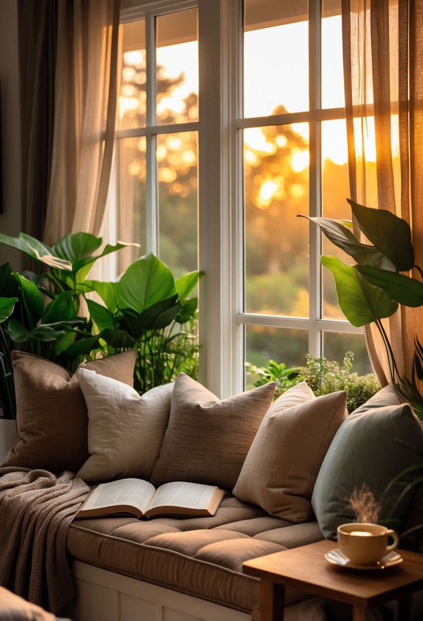 A cozy window seat with cushions and plants next to a large window letting in warm evening light, featuring an open book and a cup of tea.