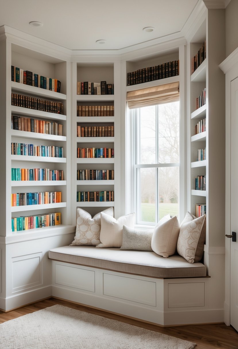 A built-in corner reading nook with bookshelves and a cushioned bench seat in a master bedroom.