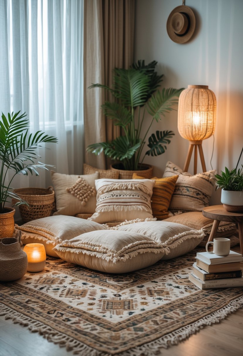 A cozy bedroom corner with floor cushions, pillows, plants, a small side table with books, and soft natural light.