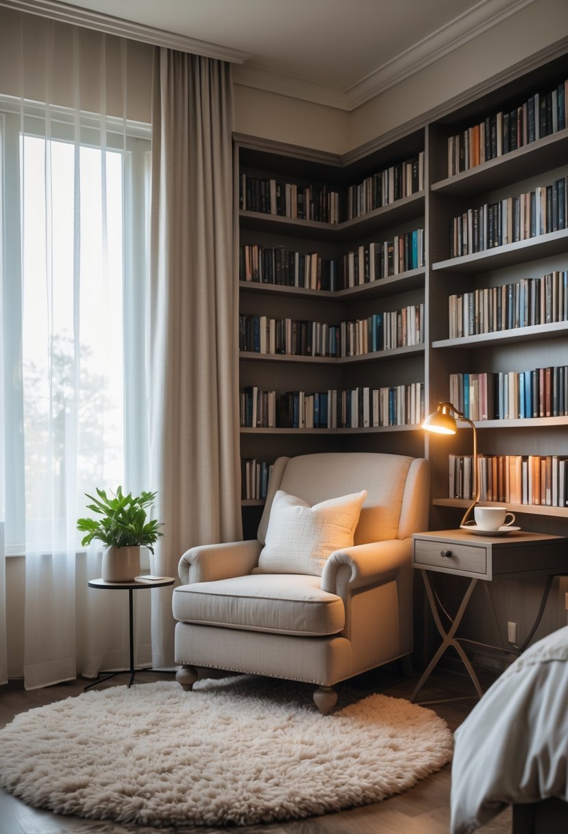 A small library corner in a master bedroom with a comfortable armchair, a bookshelf filled with books, a side table with a cup and lamp, and soft natural light coming through a window.